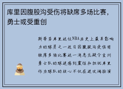 库里因腹股沟受伤将缺席多场比赛，勇士或受重创